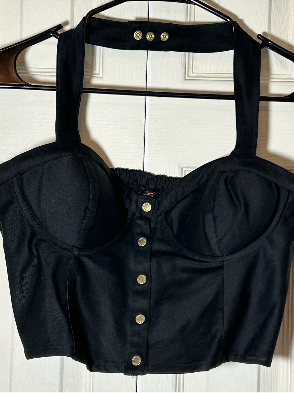 G by Guess Black Bustier Crop Top with Gold Buttons